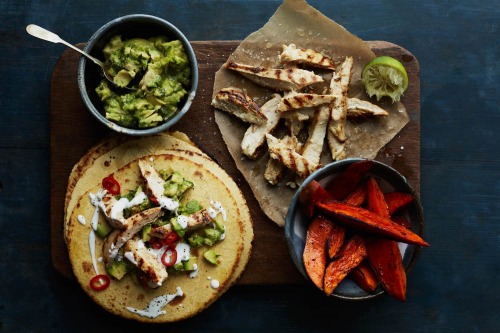Chicken tacos with roasted sweet potato & guacamole