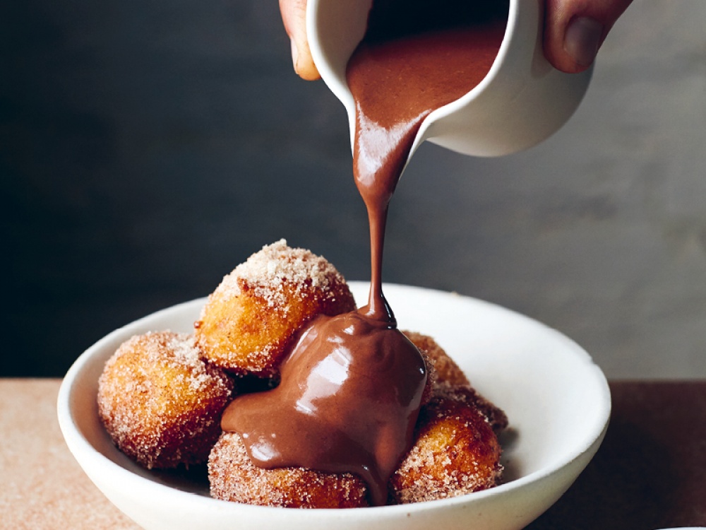Ricotta Fritters with Coconut and Makrut Lime Chocolate Sauce