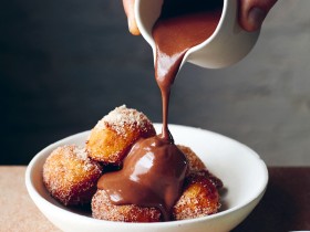 Ricotta Fritters with Coconut and Makrut Lime Chocolate Sauce