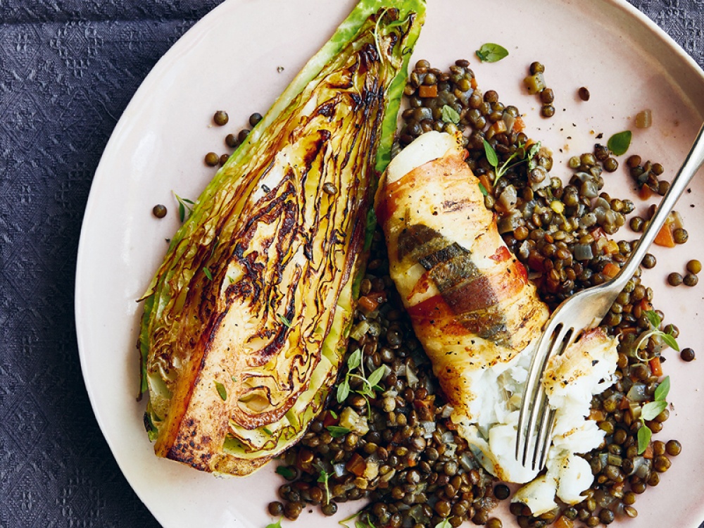 Pancetta Monkfish with Puy Lentils & Hispi Cabbage