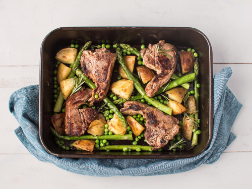 British Asparagus and Lamb Chop Tray Bake