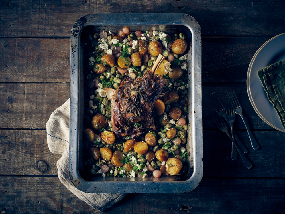 Slow Roast Lamb Shoulder with Onions & Peas