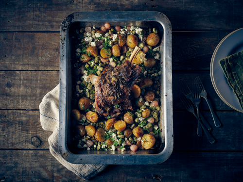 Slow Roast Lamb Shoulder with Onions & Peas