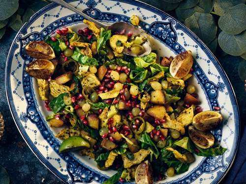 Leftover Turkey, Bombay Potato and Sprout Traybake