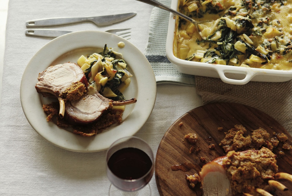 Beer-Marinated Rack Of Pork With Jeff’s Chard Gratin © Home Comforts by James Martin (Quadrille, £20) is out now. Photography: Yuki Sugiura