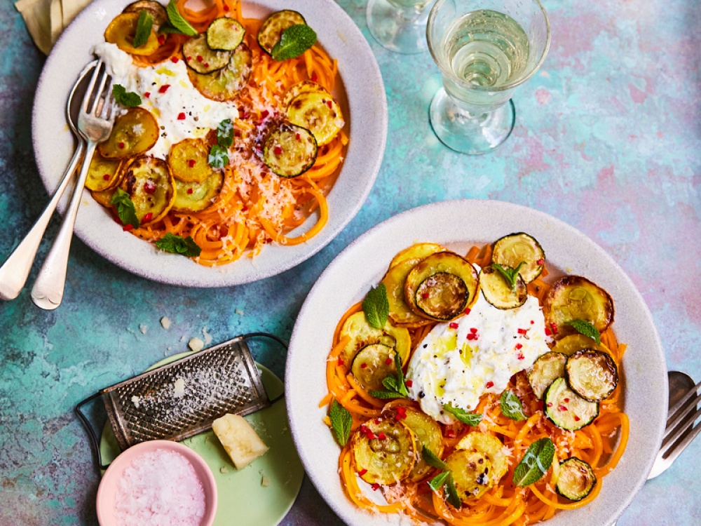 Butternut Squash Spaghetti with Fried Courgette, Mint, Burrata and Lemon Zest