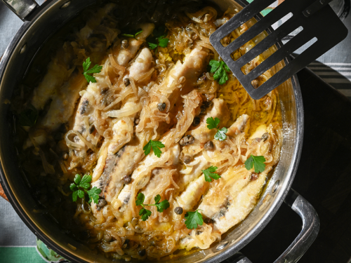 Fish Fillets with Onion, Anchovies & Capers