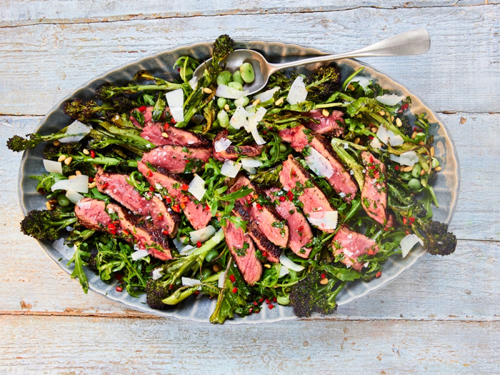 Steak Salad with Purple Broccoli and Chilli and Herb Dressing