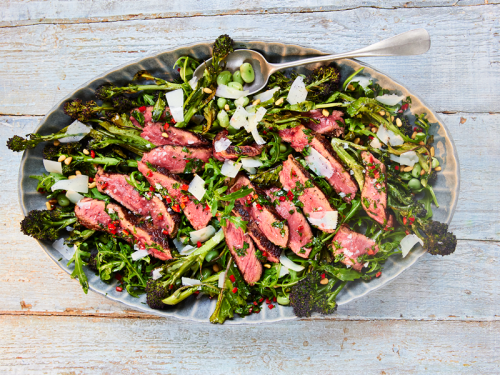 Steak Salad with Purple Broccoli and Chilli and Herb Dressing