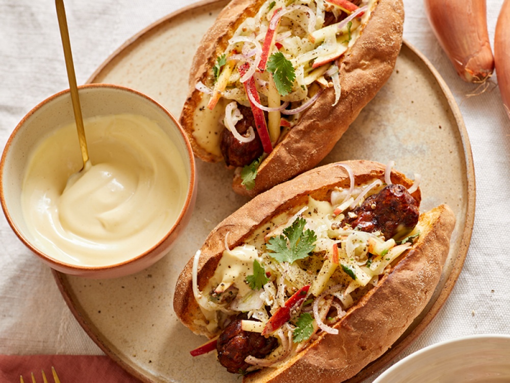 Sausage sandwiches with shallot, fennel and apple slaw