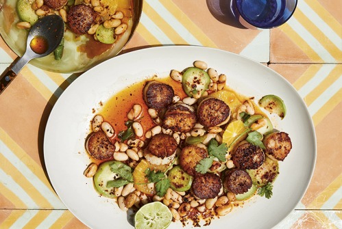 Scallops with Spicy Beans, Tomatillo and Citrus