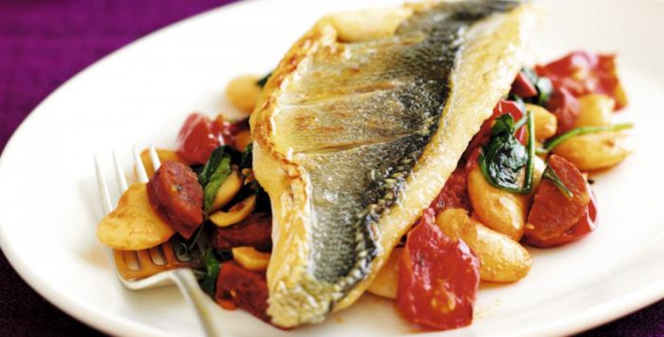 Sea bass with chorizo and butter beans Living North