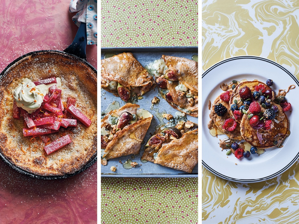 3 different images of pancakes