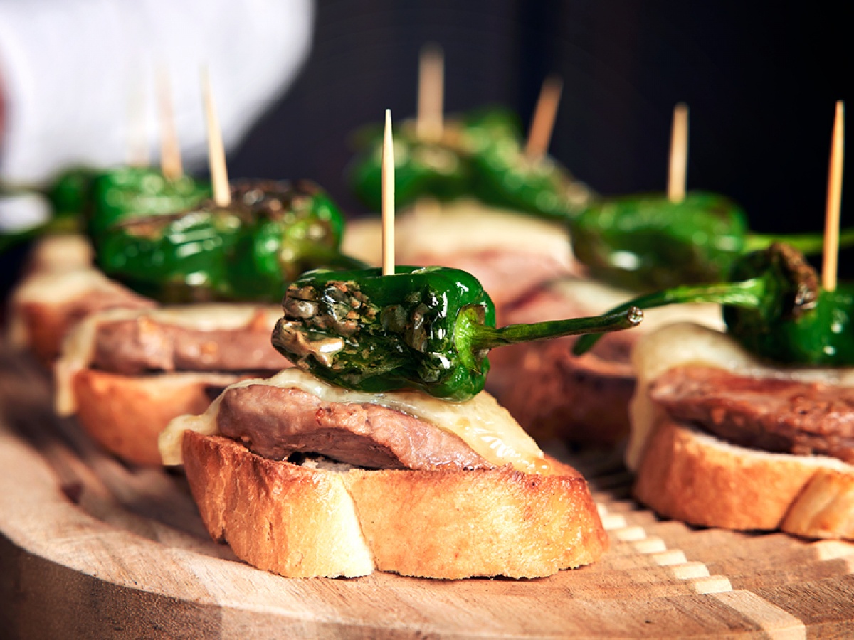 Montadito of Pork Fillet with Grilled Manchego Cheese and Padron Pepper 