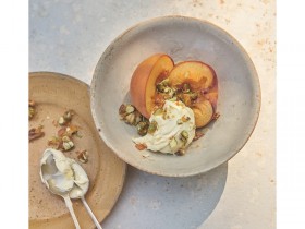 Roast Peaches with Sweet Wine, Clotted Cream and Caramelised Pistachios