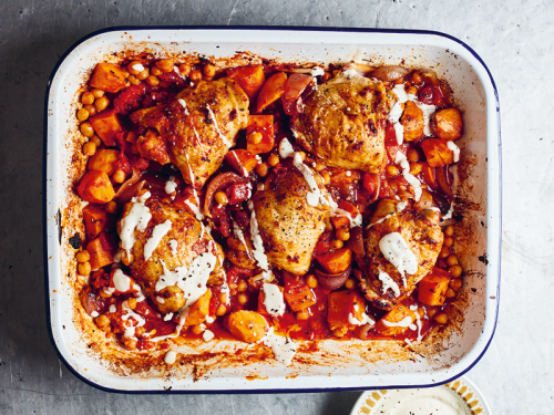 Chicken and Harissa Traybake with Tahini Drizzle