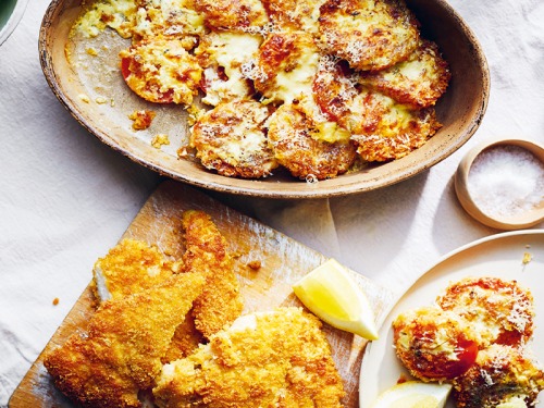 Breadcrumbed Tomatoes Baked in Cream with Fried Chicken