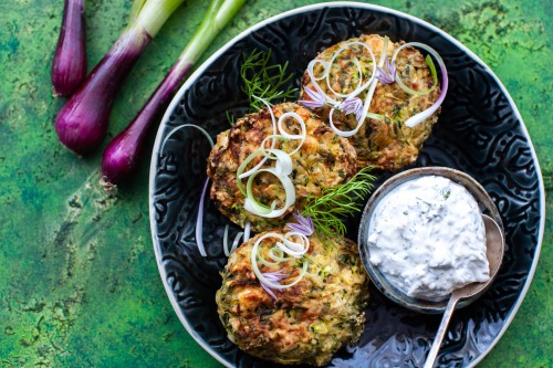 Watercress, Courgette & Spring Onion Fritters with Dill Yoghurt Dip