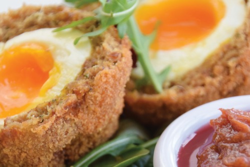 Whitby Kipper ‘Yorkshire Eggs’ with Pickled Cucumber and Rhubarb Relish