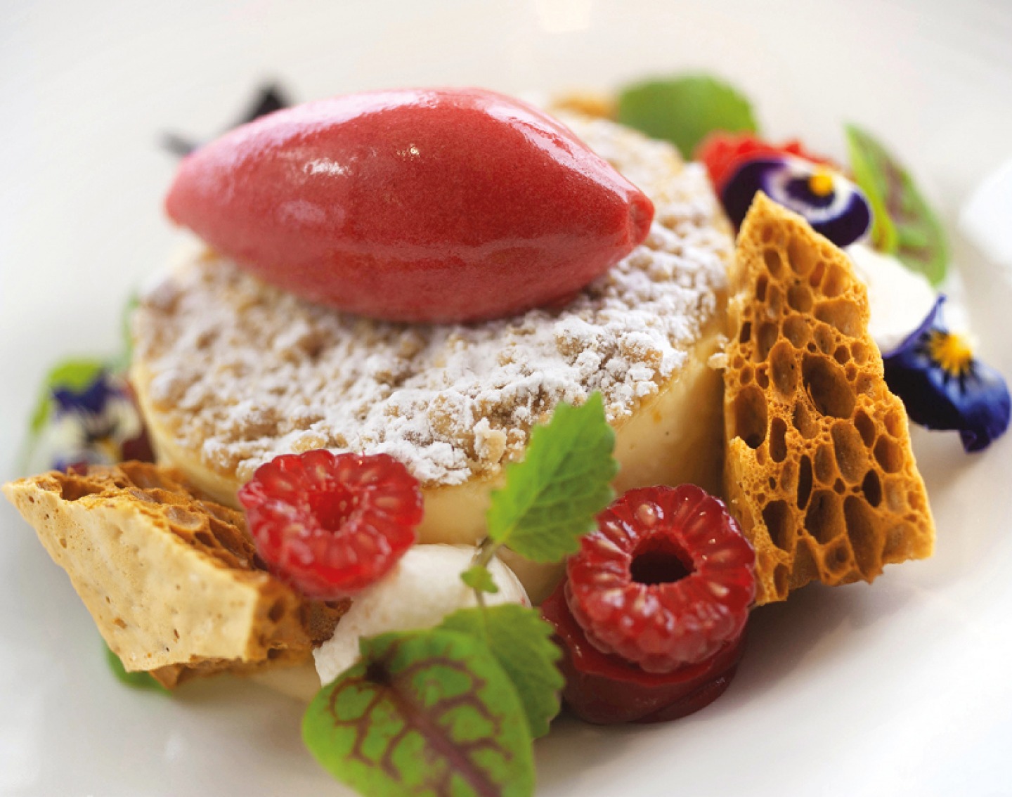 dessert with raspberry honey comb and mint leaves