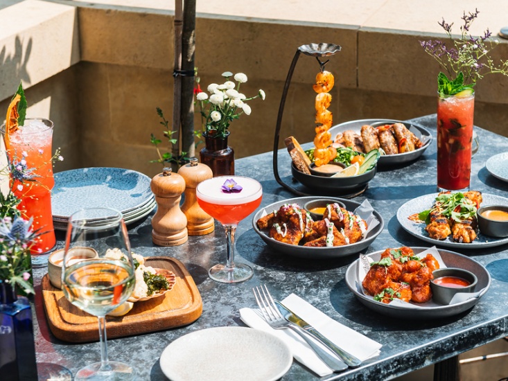 table of food and cocktails