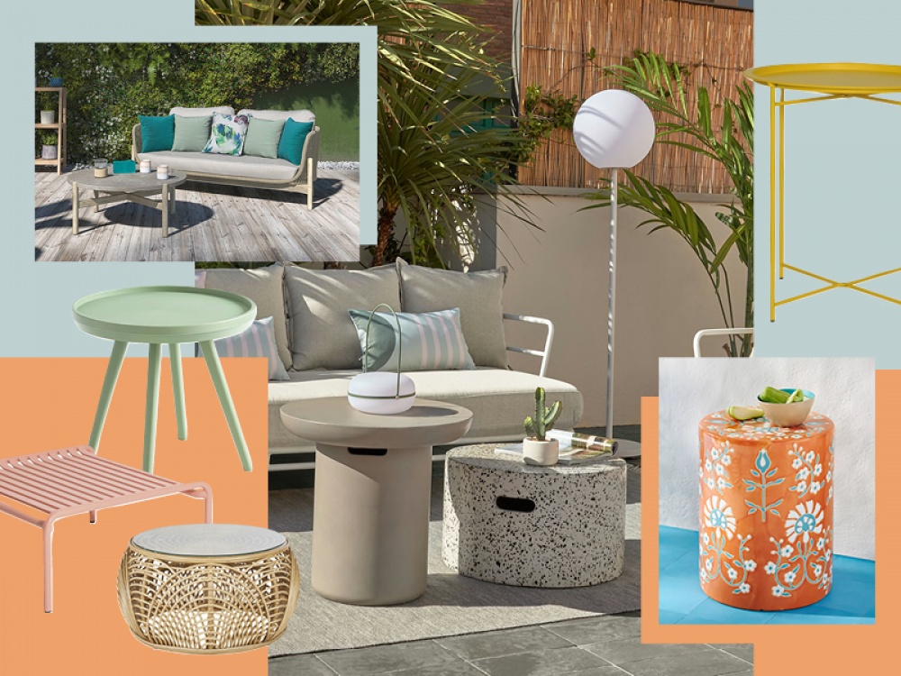 collage of coffee and side tables, 3 lifestyle and 4 product shots