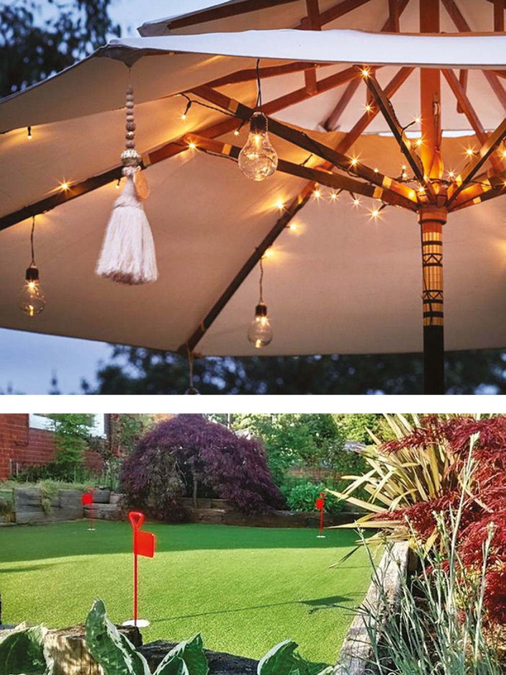 parasol with lights and tassels hanging down and a garden with a putting green