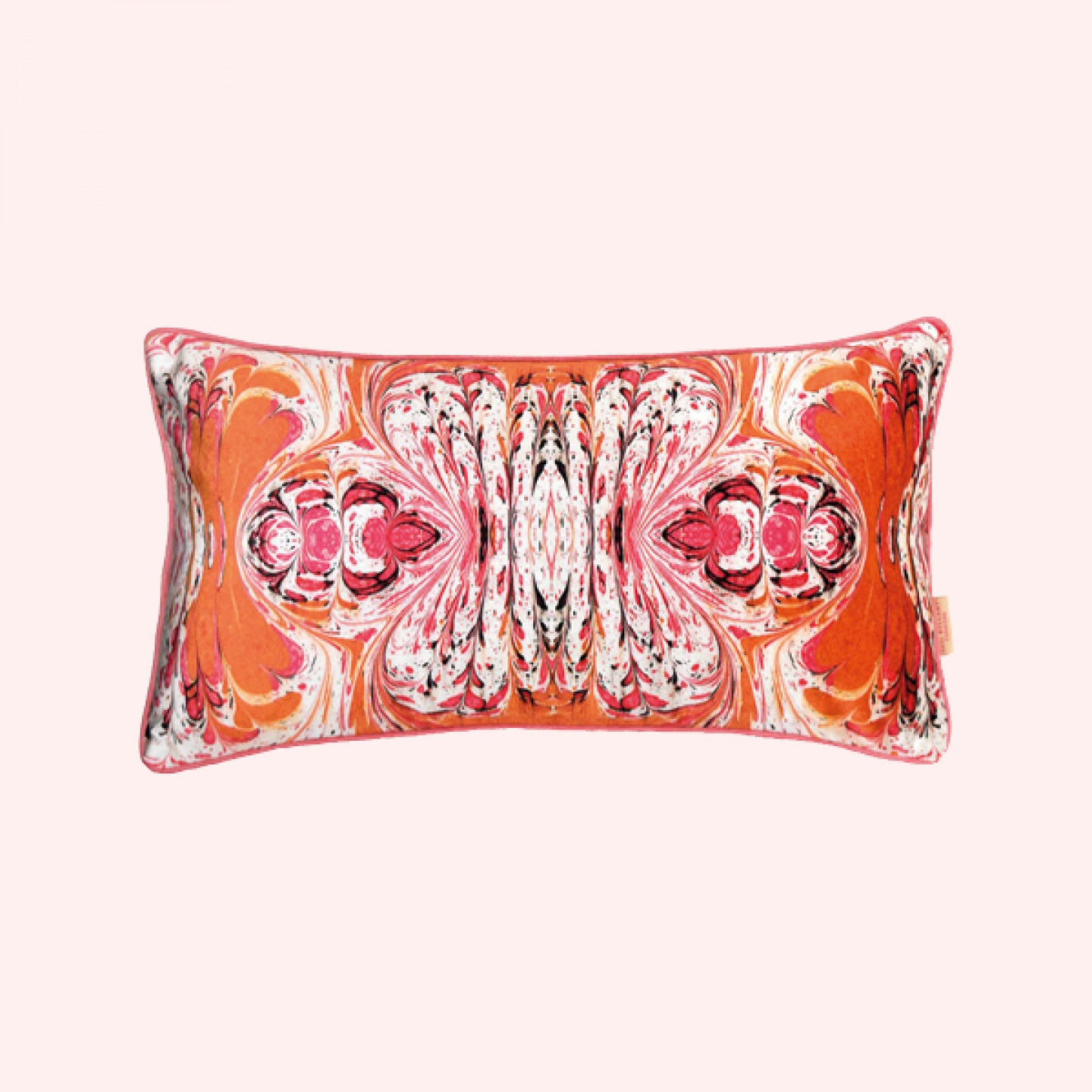 Orange feathered kaleidoscope marbled velvet cushion