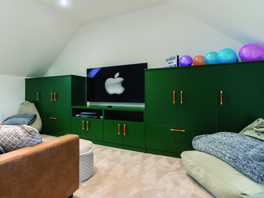 large green built in cabinets with TV and sofas