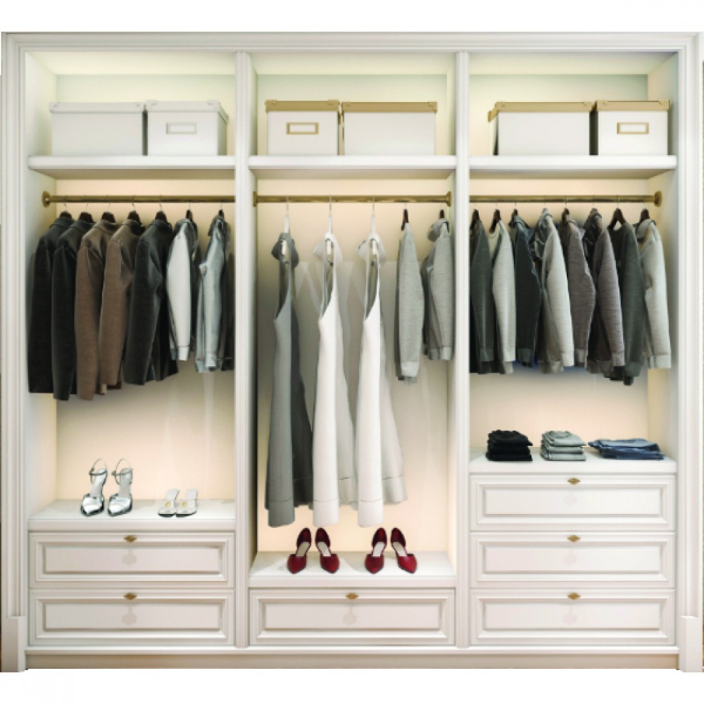 Organised open wardrobe with draws and boxes