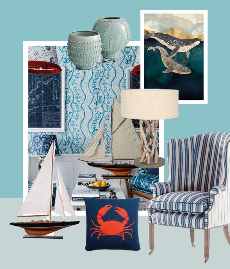 Collage of sea inspired home furnishings