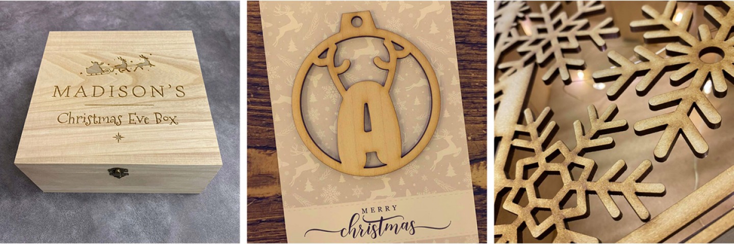 wooden box, laser cut bauble laser cut wooden snow flakes