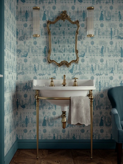 Toile Wallpaper with a mirror and basin