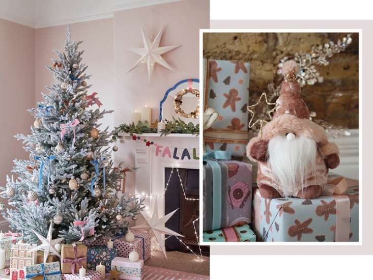 living room decorated with pastel Christmas decorations and a mini velvet pink Santa