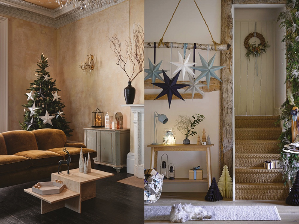 living room with tree and christmas decoration and hallway with a door wreath and hanging stars bath Nordic styling