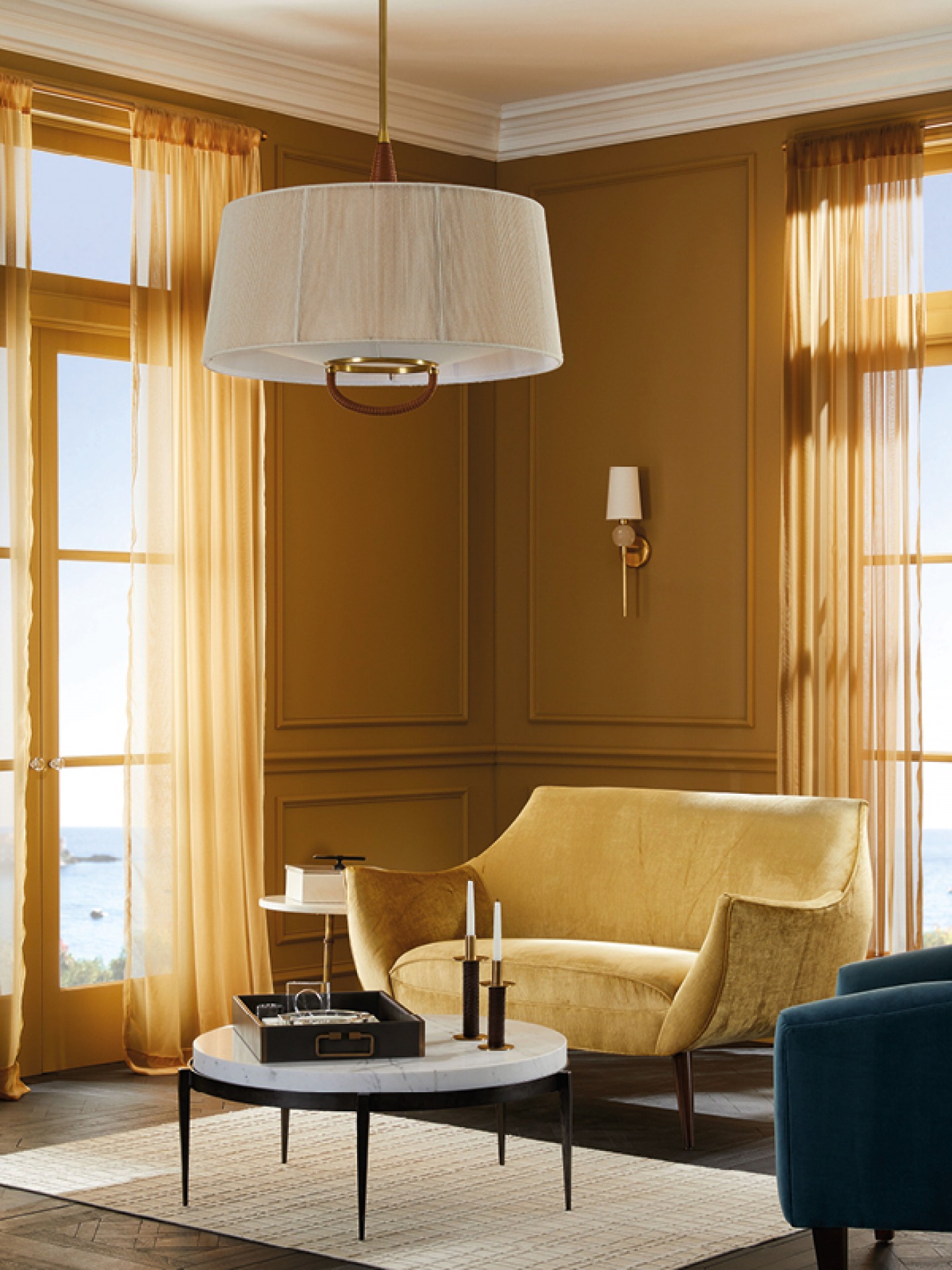 Living area decorated with golden colours