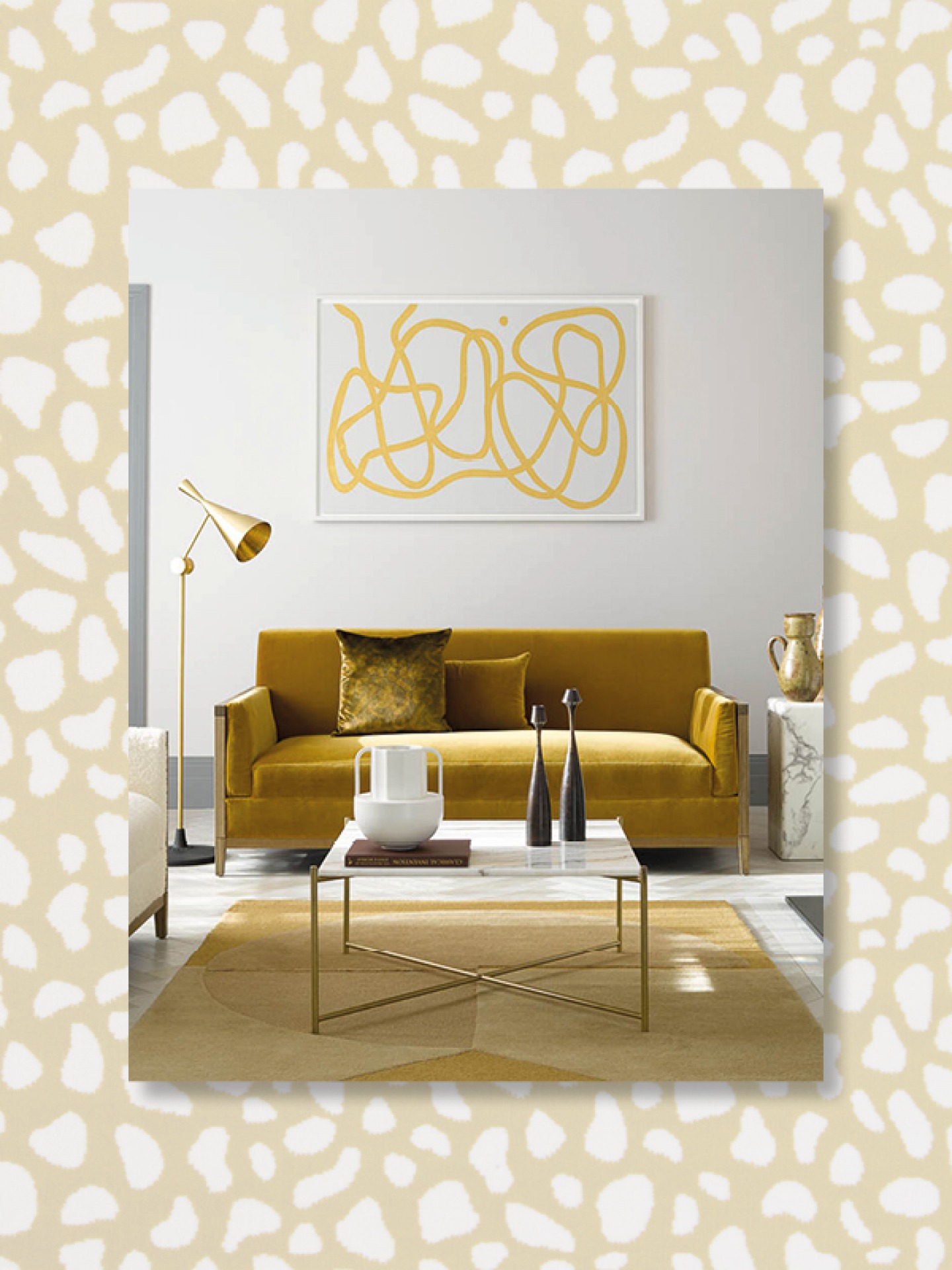 Living area with a golden coloured sofa and accessories