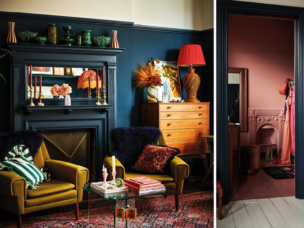 Interior wall and fire place painted dark blue and another painted pink