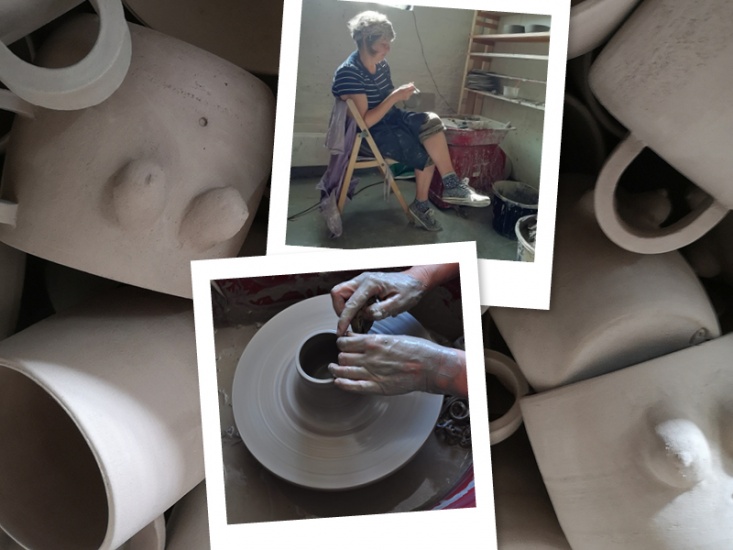 Pottery with photo of becky over the top