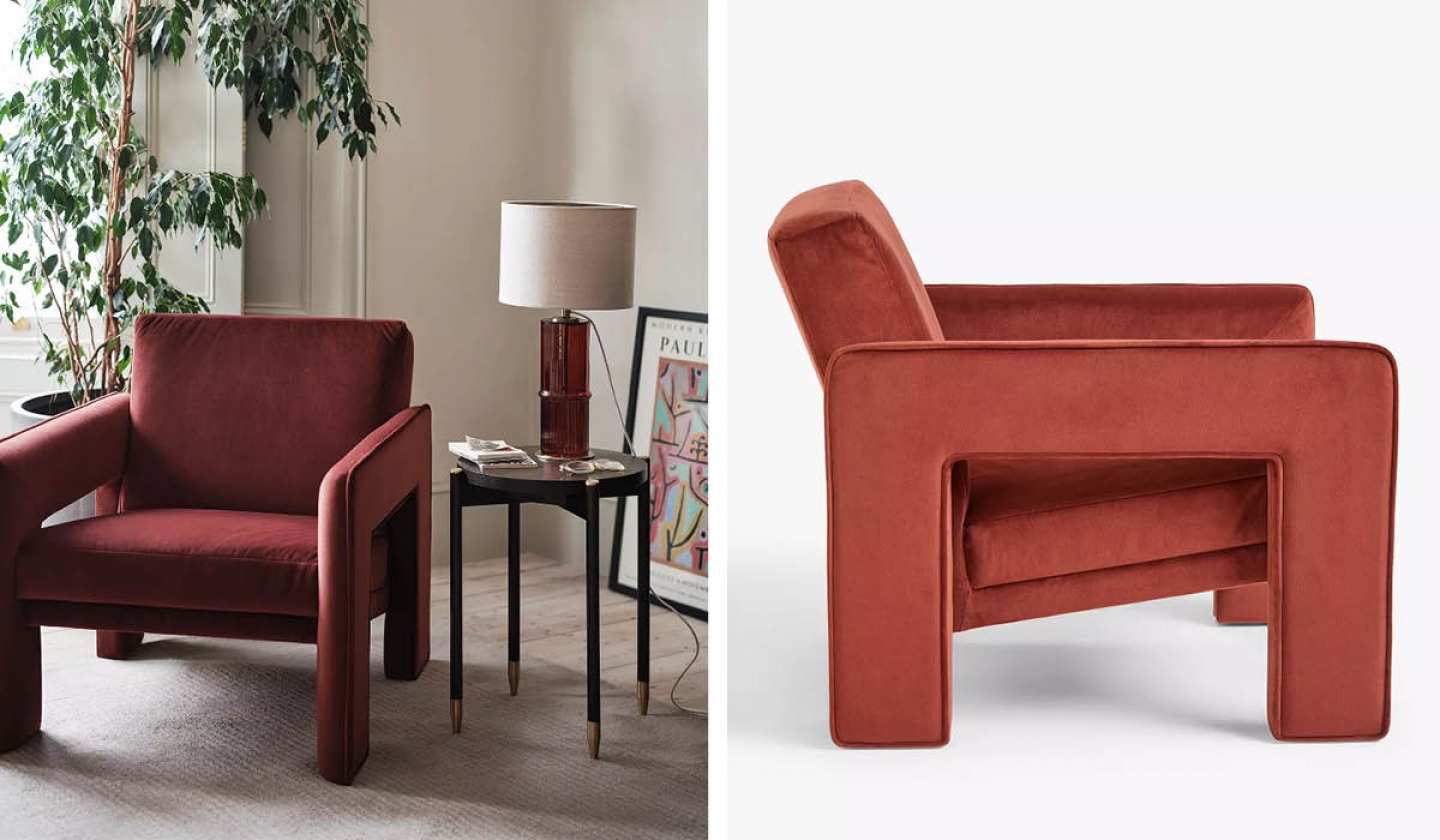 Blocky velvet armchair