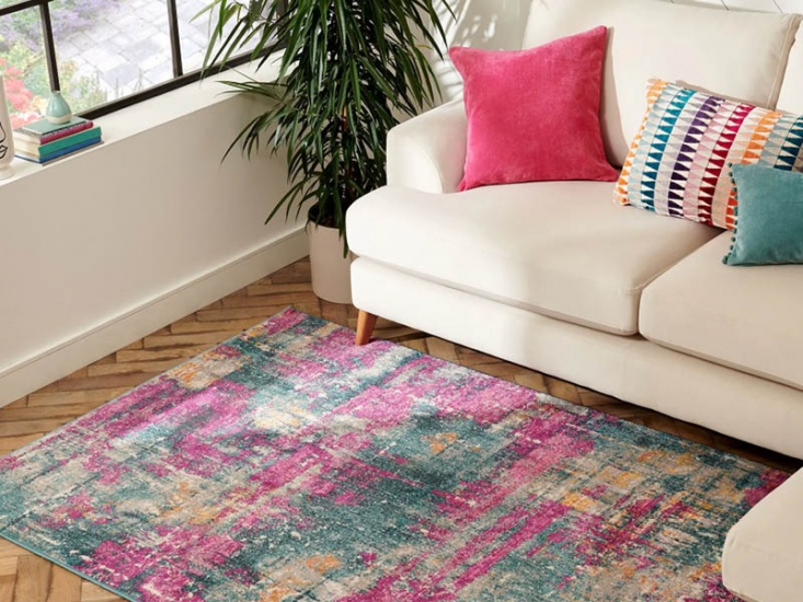 Abstract colourful rug in calm room setting