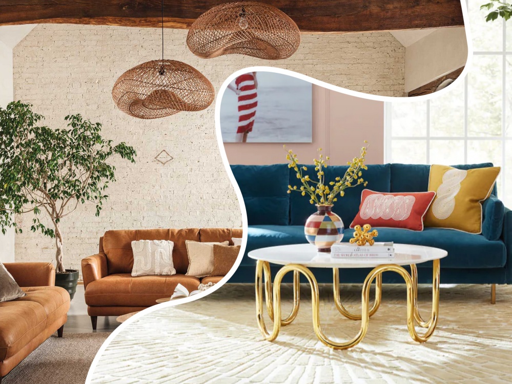 Two sitting rooms with a curved white line to separate them