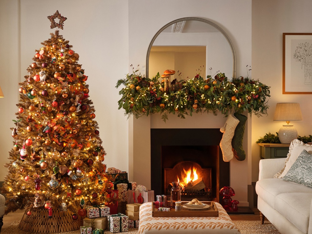 Cosy lounge decorated for Christmas
