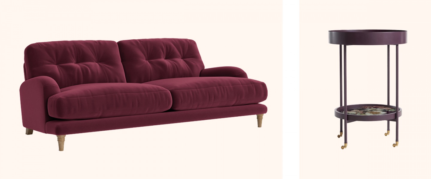 Sugar Bum sofa in Drenched Damsons clever velvet and Bar cart