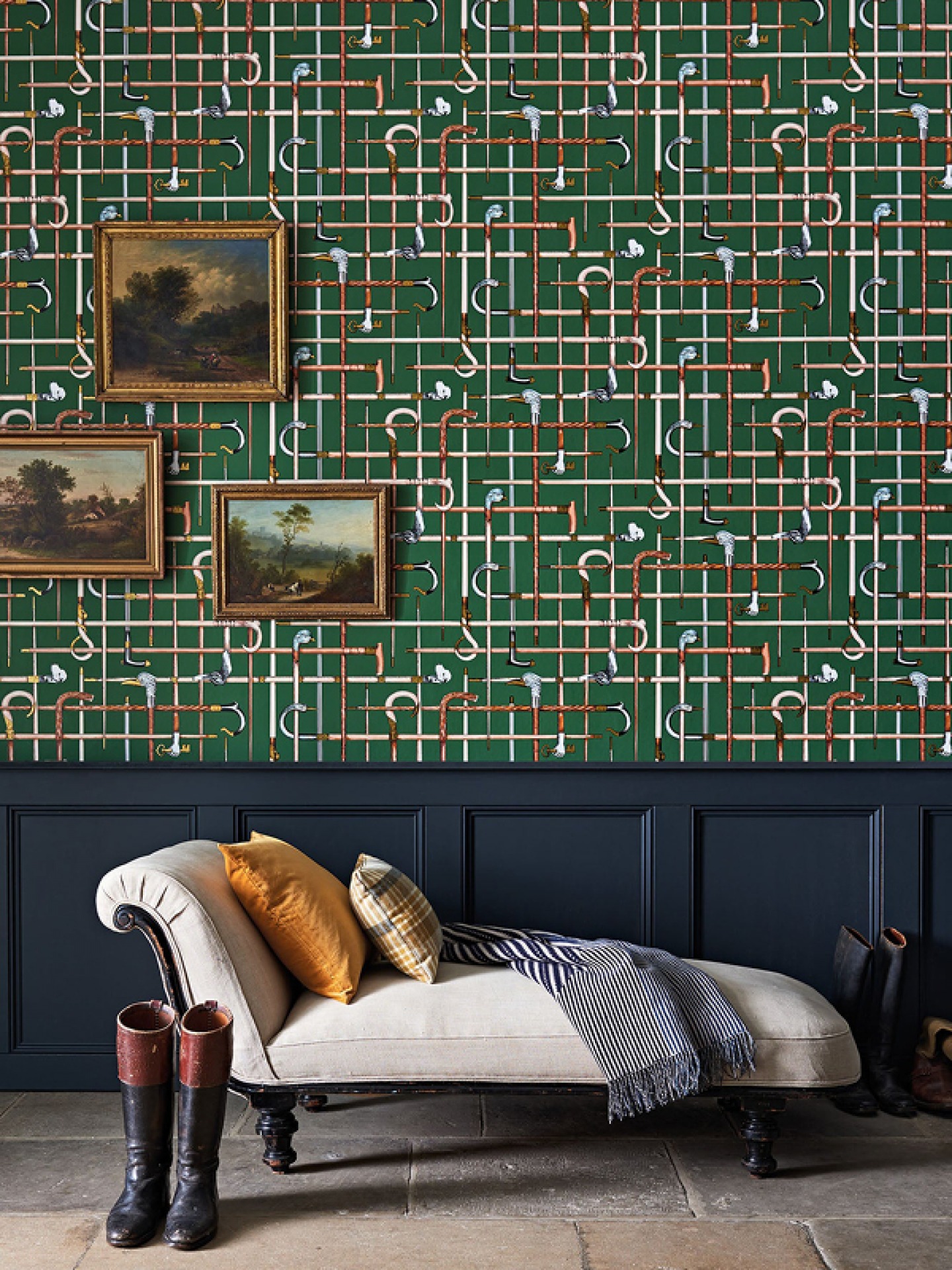 Bastoni wallpaper with blue panelled wall and Shazlong Sofa