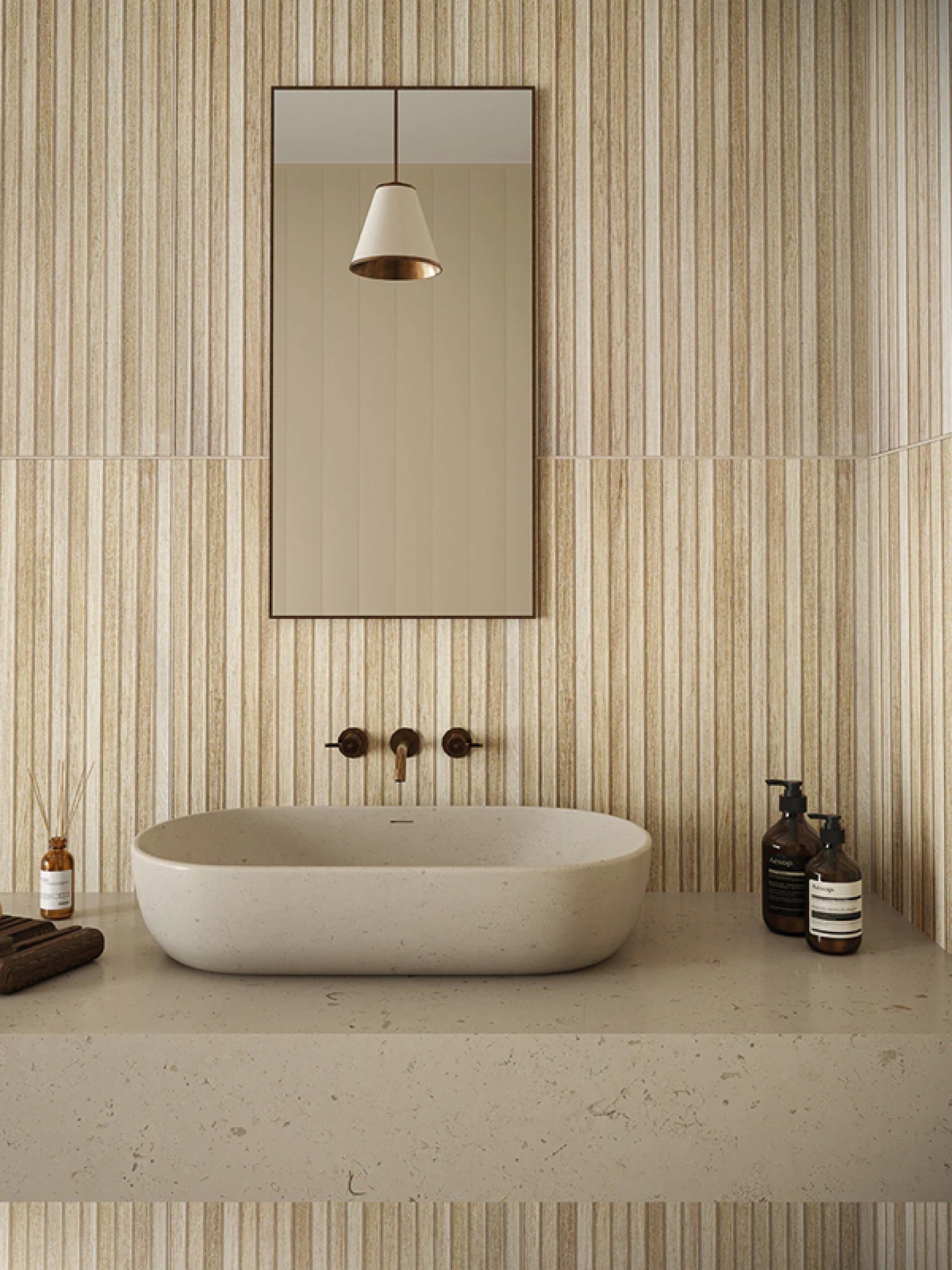 Light neutral bathroom sink with slatted wood panel