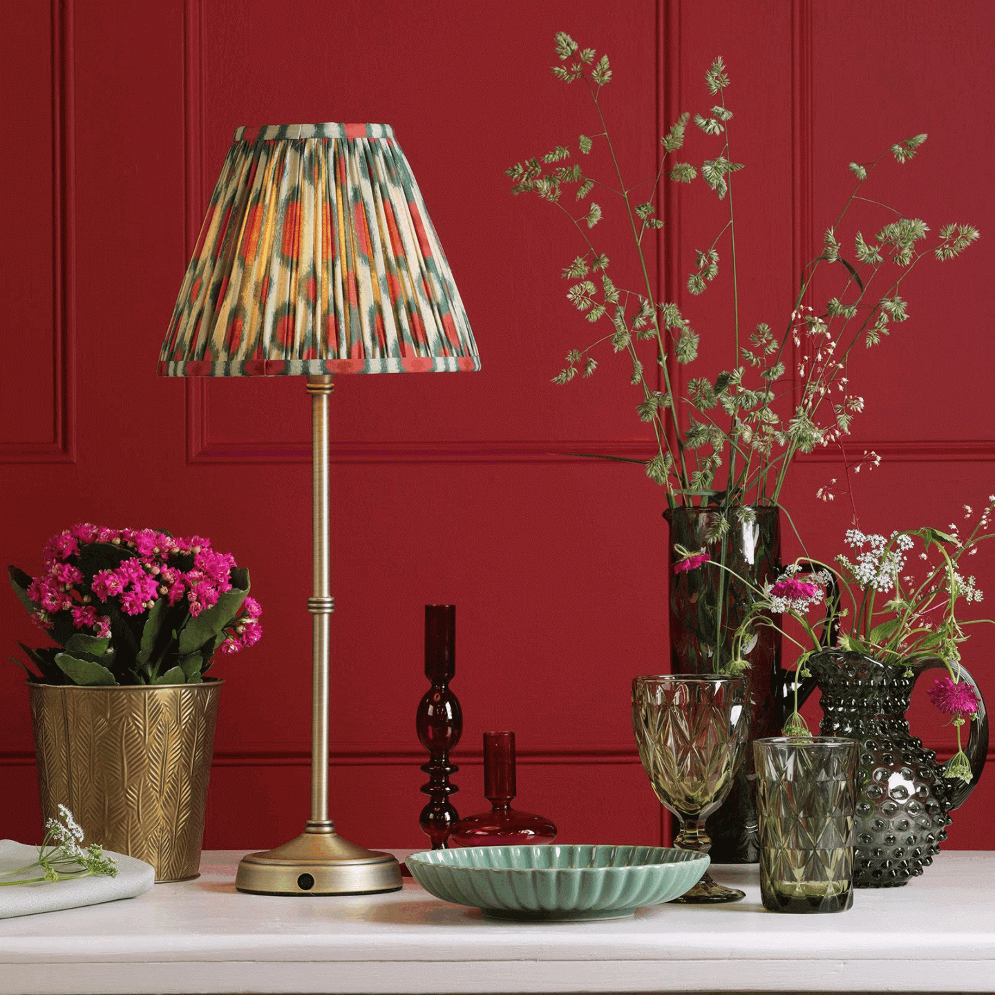 Antique brass table lamp and shade