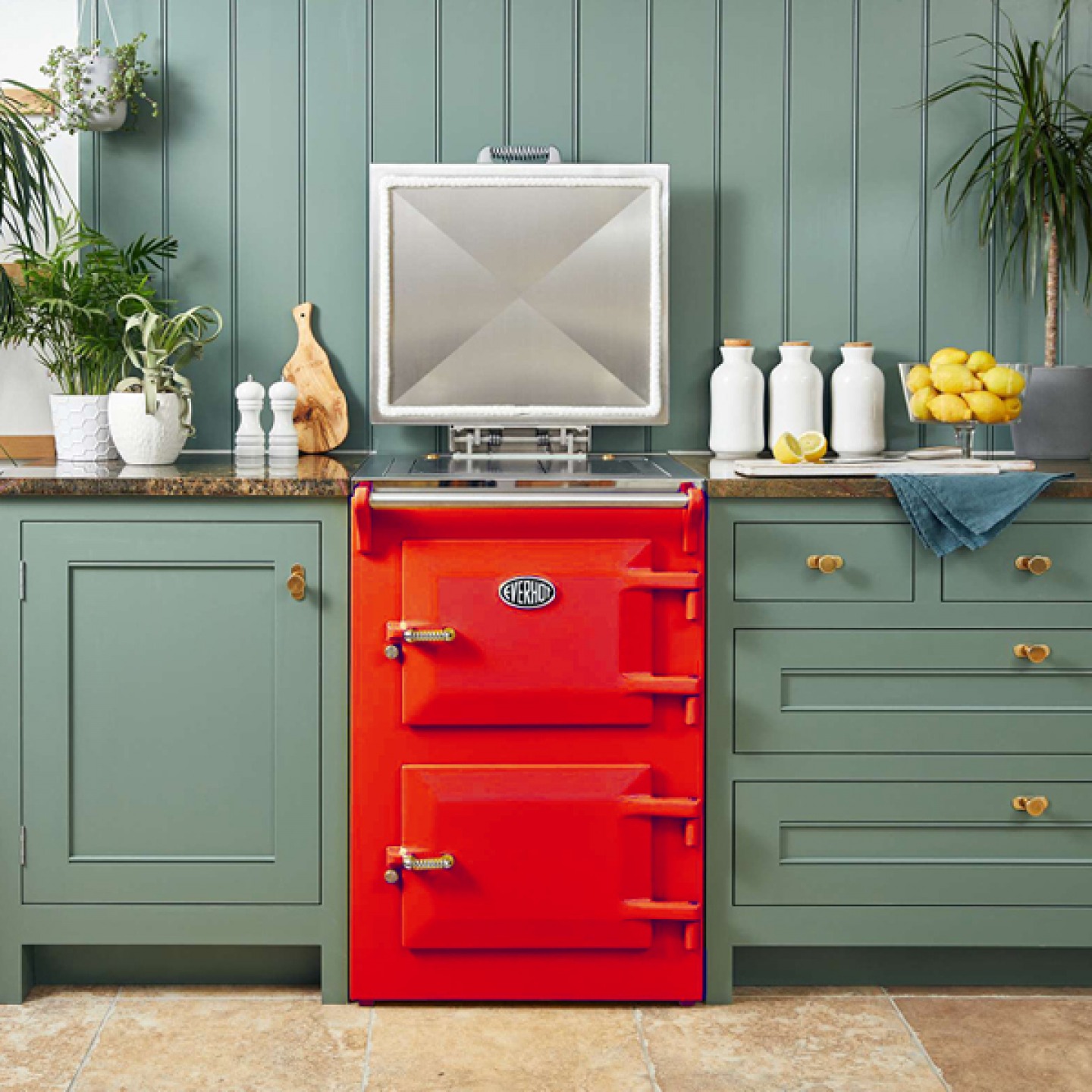 Green kitchen with Red Everhot range cooker