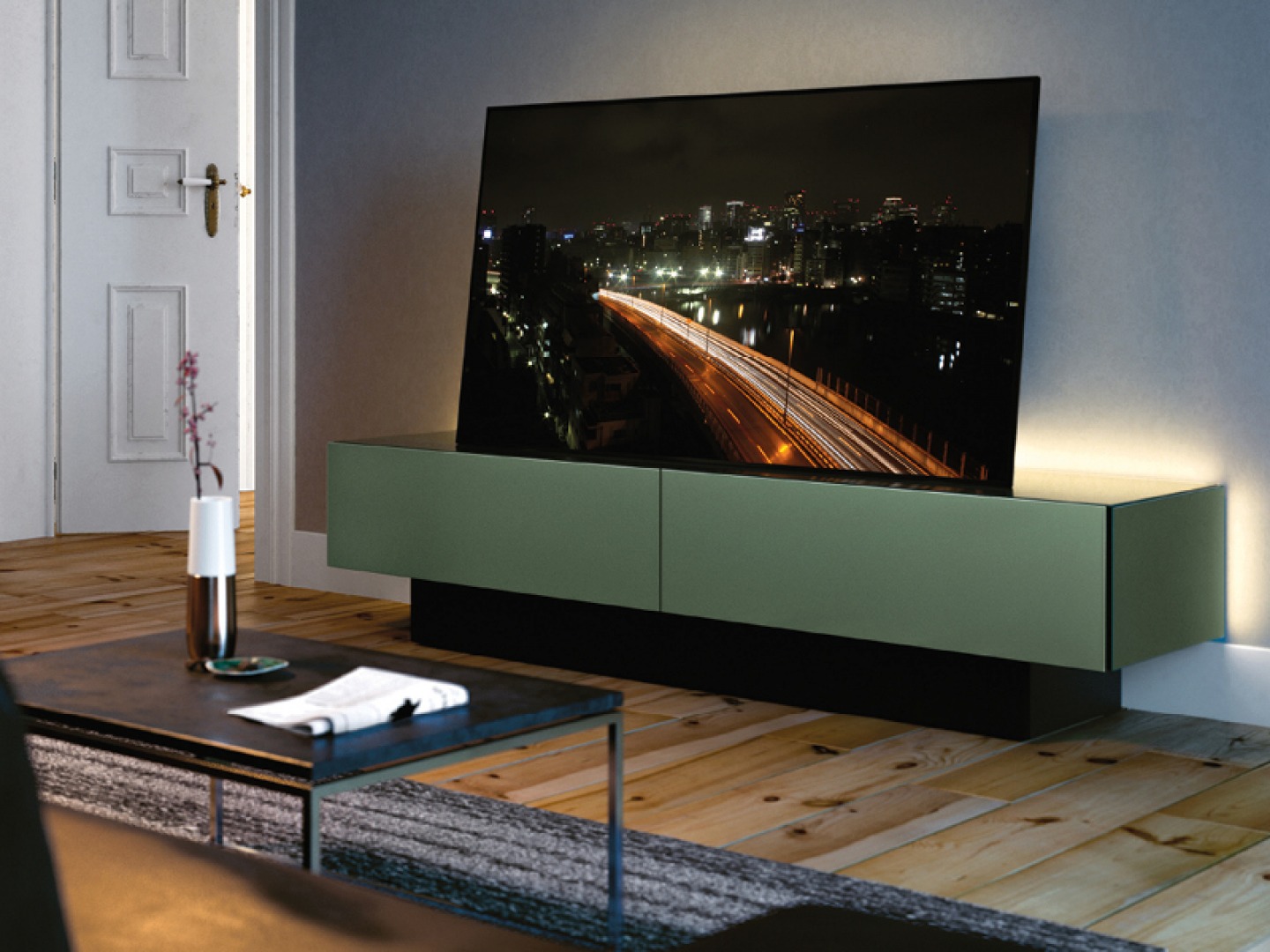 Sleek green Cabinet with back light and TV