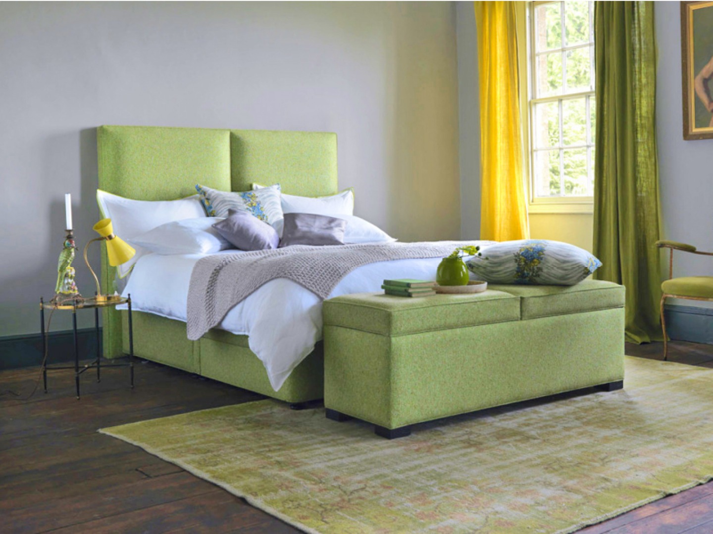 Lime green fabric bed with matching Blanket box